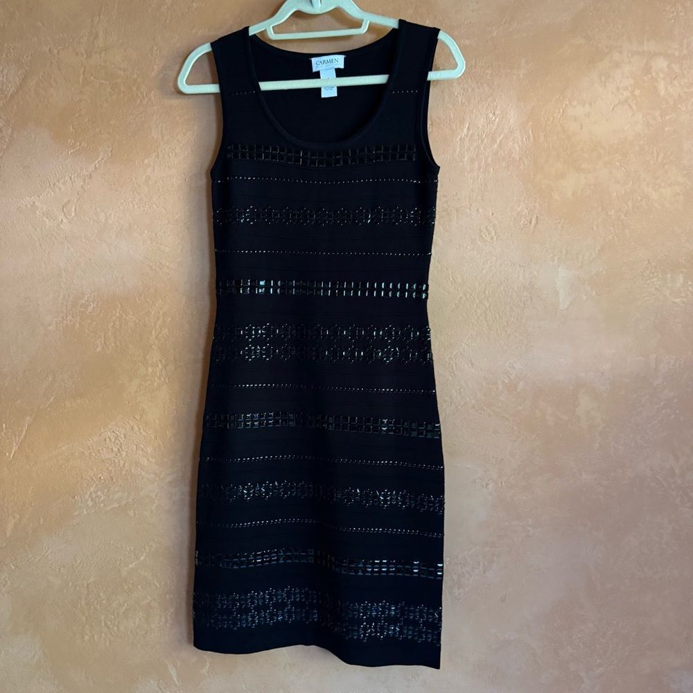 Carmen Marc Valvo Black Studded Knit Dress Sleeveless Bodycon Cocktail Dress